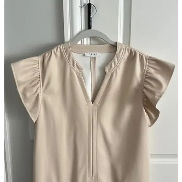 THML Faux Leather Cream Flutter Sleeve Mini Shift Style Dress Large - Picture 3 of 8